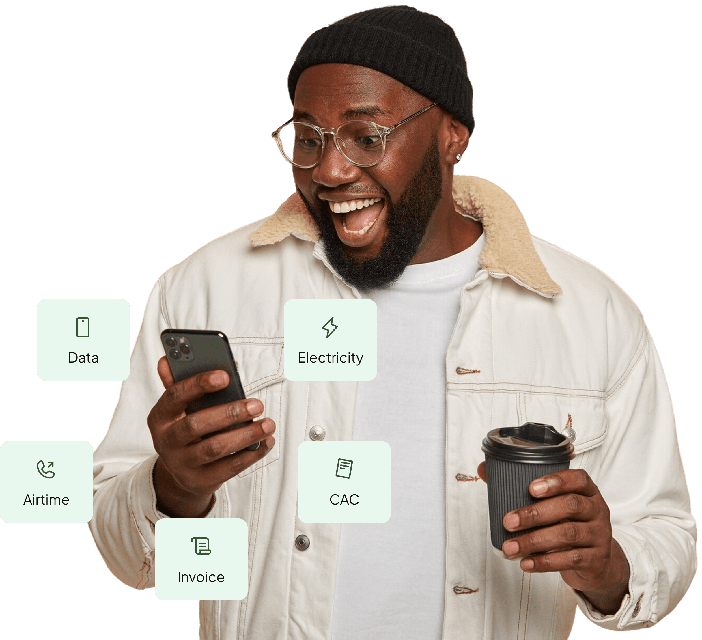 Person using the Ziada mobile app with floating chips for Data, Electricity, Airtime, CAC and Invoice